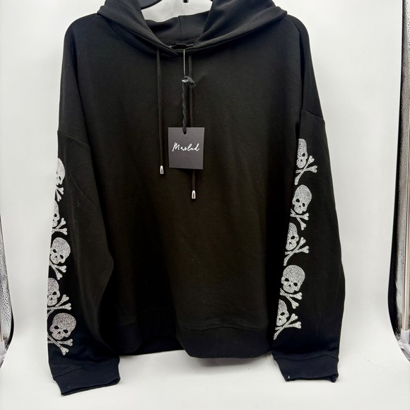 Marled Black Skull Rhinestone Embellished Long Sleeve Hoodie Sweatshirt XL - Picture 1 of 8